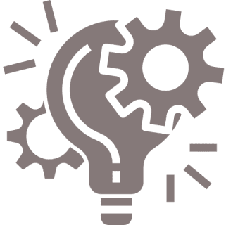 Light bulb with gears and rays graphic.