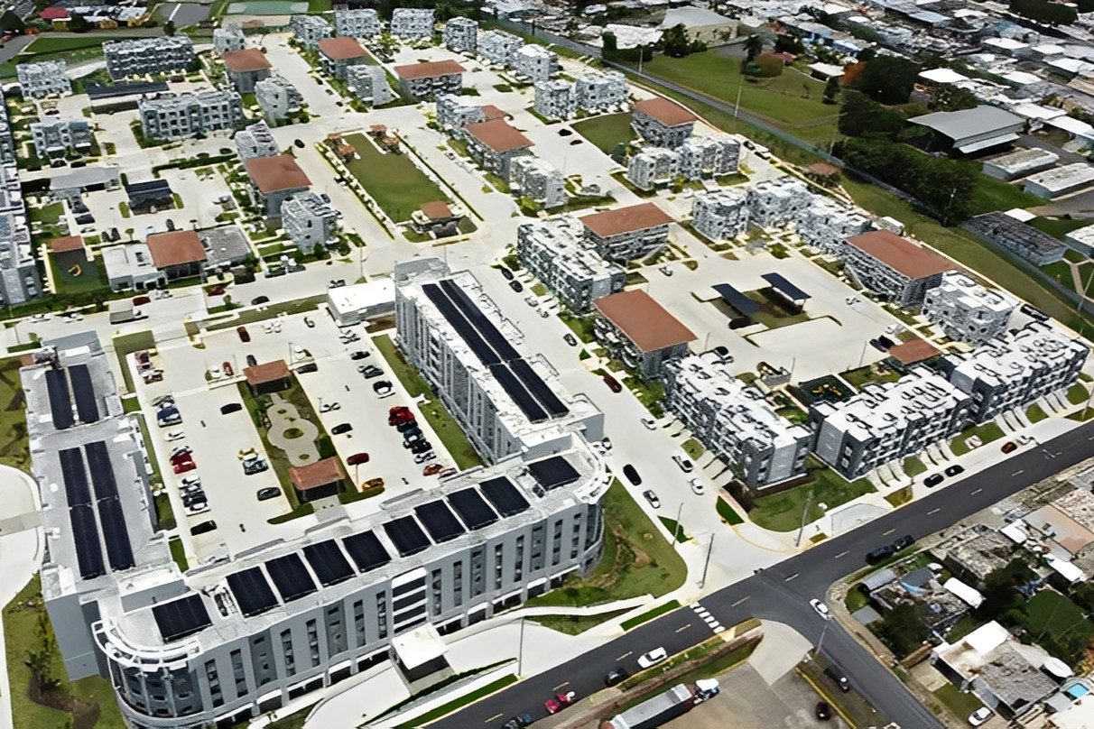 Aerial view of modern residential complex.