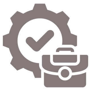 Gear, checkmark, and briefcase on black background.