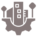 Industrial icon with buildings and gear.