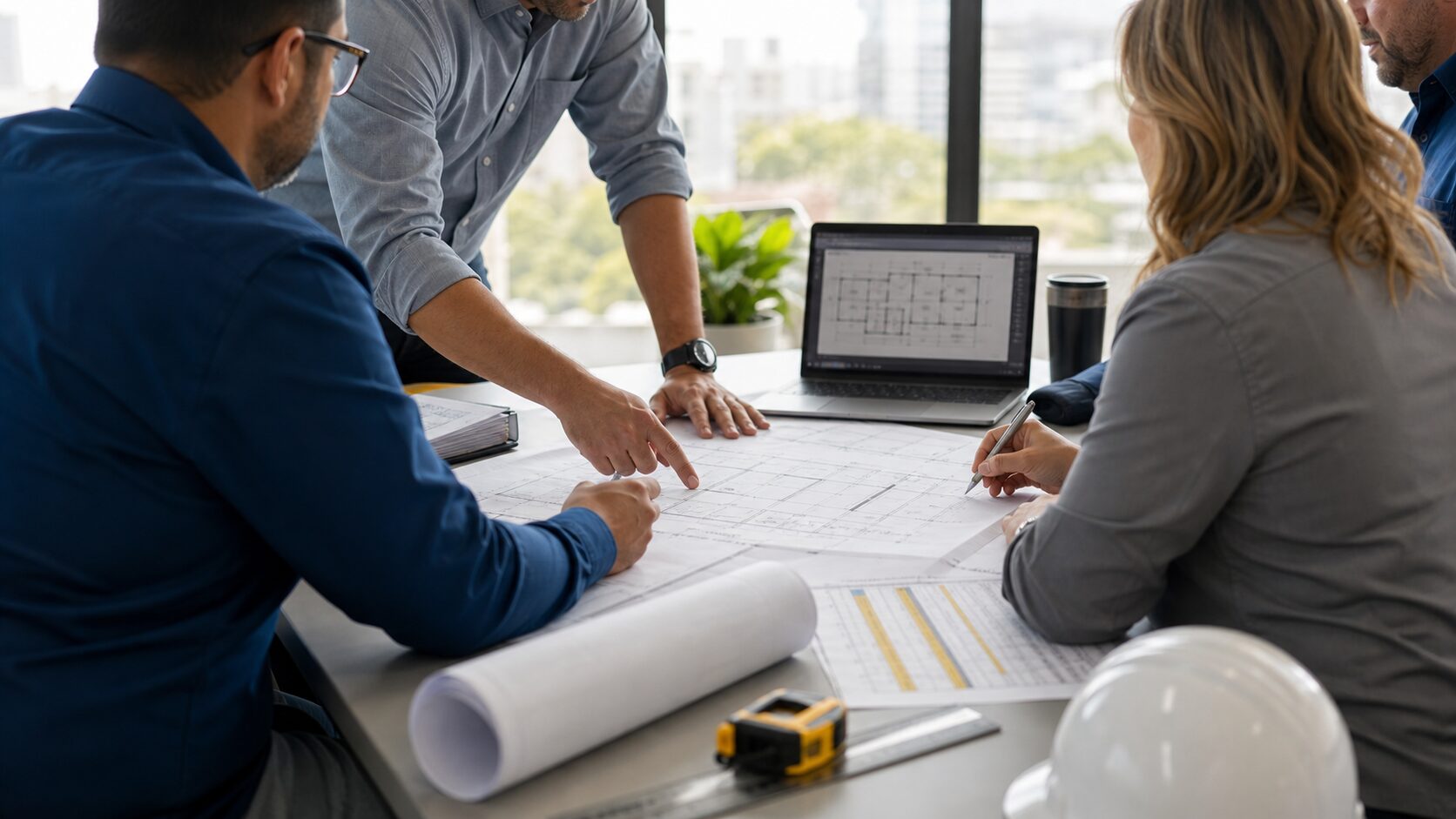 Team collaborating on architectural plans in a bright office.